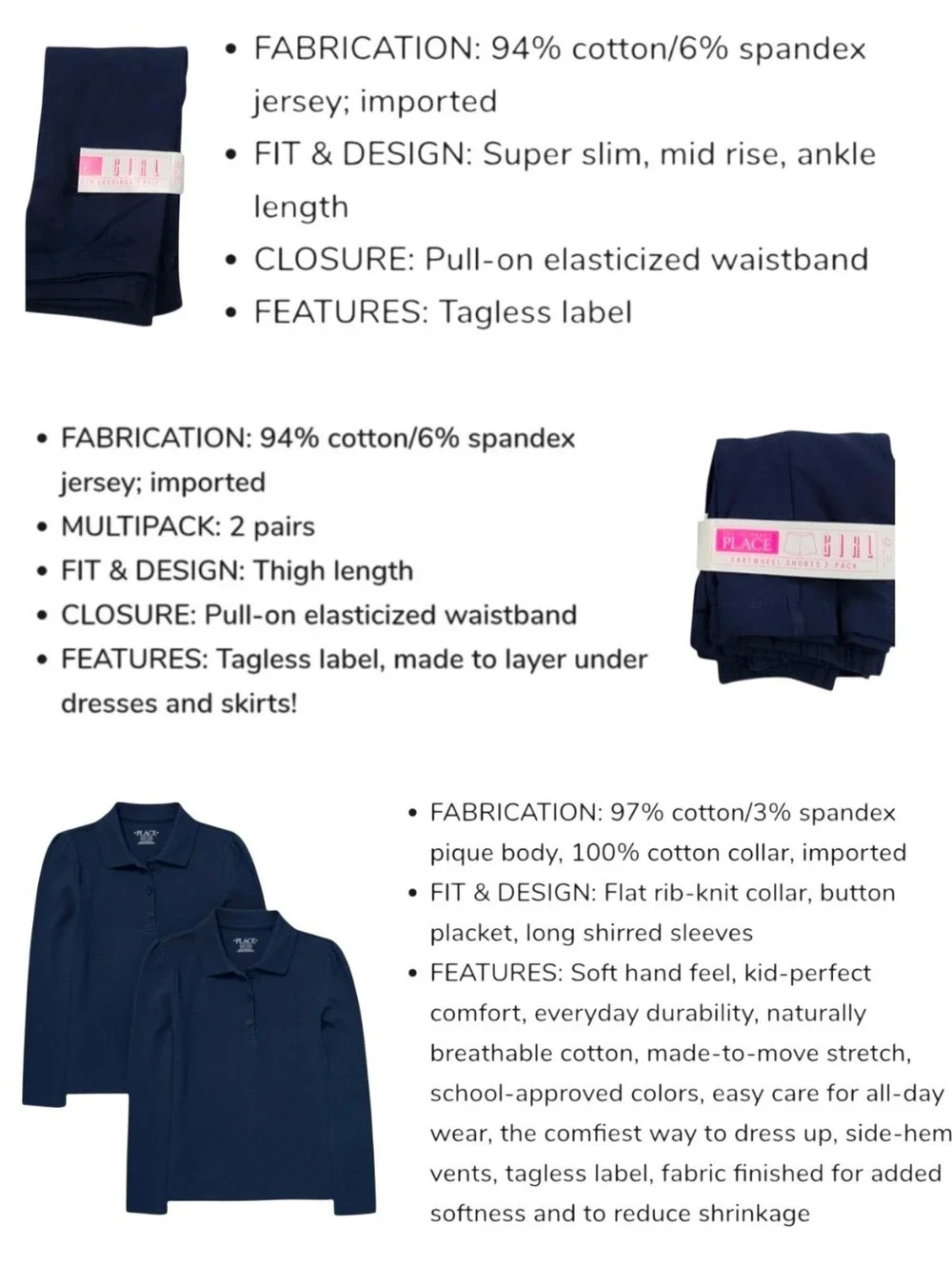5pc Children's Place Girls Navy Long Sleeve Polo, Leggings, Cartwheel Shorts Set